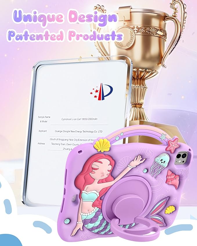 Boaretiu for iPad Air 11 Inch Case M3/M2 - for iPad Pro 11 Inch Cute Cartoon 3D Mermaids Girls Teens Soft Silicone Air 4th/5th Generation 10.9" Tablet Cover with Strap & Rotating Stand