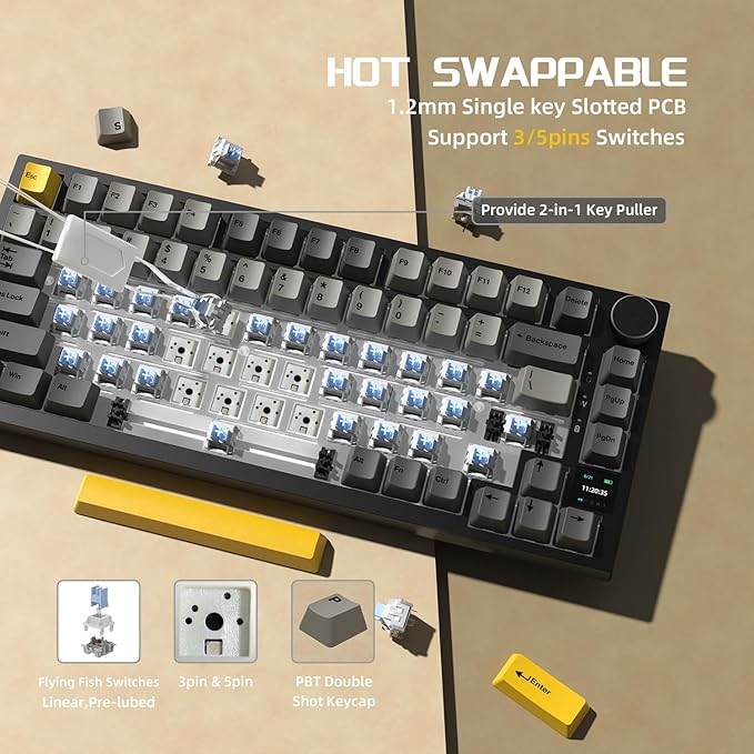 Attack Shark ajazz AK820 Pro Wireless Mechanical Gaming Keyboard Hot Swappable TFT Display & Knob RGB Backlit BT 5.1/2.4Ghz /Type-C Wired Gasket-Mounted Custom Keyboard for PC/Win(Black/Fish Switch)