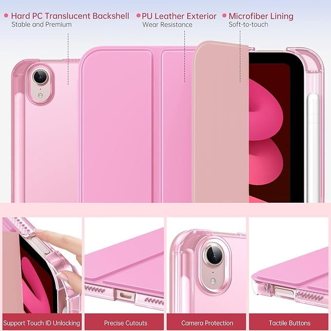 MoKo for iPad mini 7 A17 Pro Case 2024, iPad mini 6th Generation Case 8.3 Inch 2021 with Pencil Holder, Slim Light Trifold Smart Protective Cover with Hard PC Translucent Back Shell, Pink