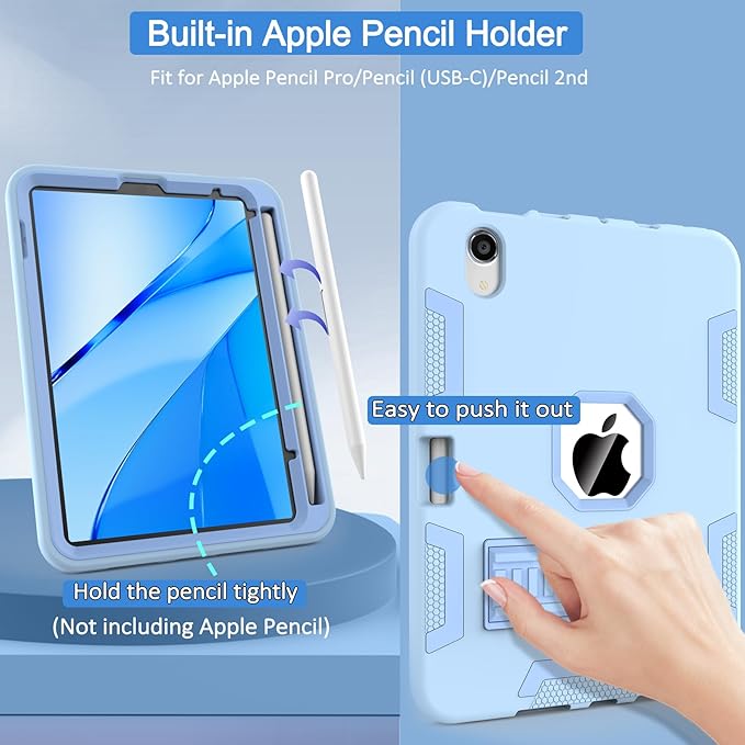 CCMAO for iPad mini 7 A17 Pro Case, iPad mini 6th/7th Generation Case (2021/2024), with Pencil Holder and Kickstand, Heavy Duty Shockproof Hybrid Three Layer Protective Cover, Light Blue