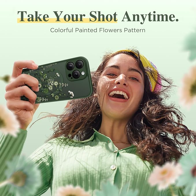 GVIEWIN for iPhone 15 Pro Max Case Compatible with MagSafe, [Military Grade Protection] [Screen Protector] Full Camera Protection Floral Translucent Women Magnetic Phone Case, Floratopia/Forest Green