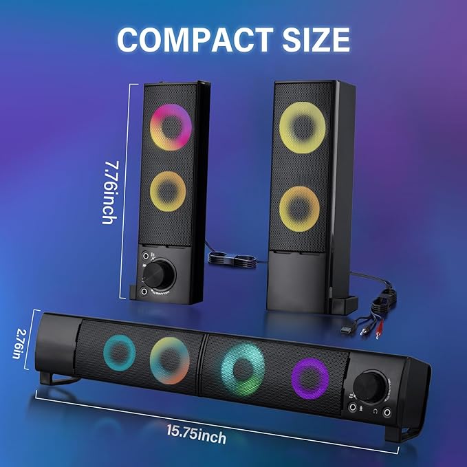 Wired Computer Speakers Designed for Desktop Devices USB Plug-and-Play Clear Sound with RGB Lighting Features Volume knob Ideal Gaming Speakers for Computers, laptops, Phones, and Tablets