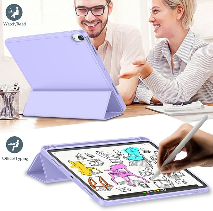 iMieet iPad Air 11 Inch Case M4/M3/M2(2026/2025/2024), iPad Air 5th/4th Generation Case 2022/2020 10.9 Inch with Pencil Holder,Trifold Stand Smart Case with Soft TPU Back(Light Purple)