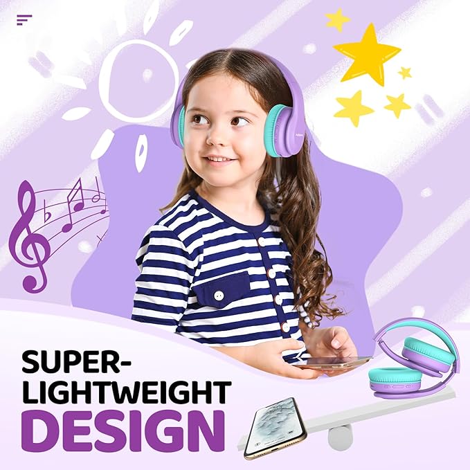 JoySpark Kids Bluetooth Headphones, Lightweight Wireless Headphones for Kids, 85/94dB Volume Limited, 60 Hours Playtime, Bluetooth 5.3, Over-Ear Toddler Headsets with Built-in Mic-Purple