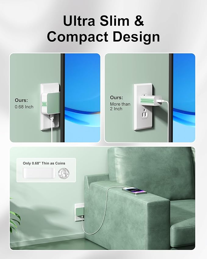 Flat USB Wall Charger 4 Ports Slim 35W USB-C/A Flodable Plug Fast Charging Block for iPhone 8/9/10/11/12/13/14/15 Multiport Power Charging Adapter for ipad and Galaxy Series S8-10 Green