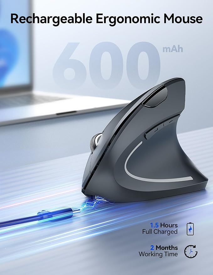 TECKNET Ergonomic Mouse, Rechargeable Vertical Ergo Mouse Wireless 800-4800 Levels 5 Adjustable DPI, Silent 2.4GHz Optical Carpal Tunnel Mouse for Right Hand, USB Wireless Mice for Laptop, PC