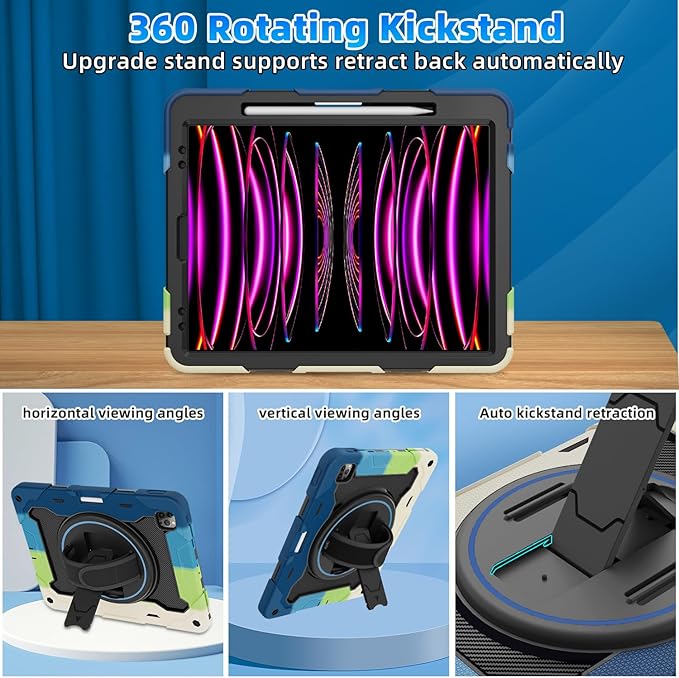 ROISKIN for iPad Pro 12.9 -Inch Case (6th, 5th, 4th & 3rd Gen) with HD Screen Protector, 360 Stand, Hand Strap, Pencil Holder,Shoulder Strap,Rugged Bulky Full Body 12.9 iPad Pro Case