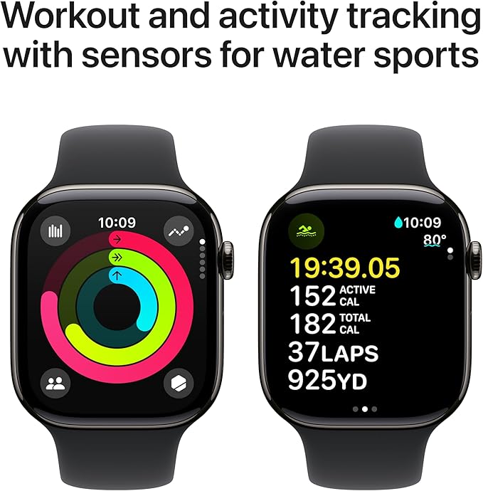 Apple Watch Series 10 [GPS + Cellular 46mm case] Smartwatch with Slate Titanium Case with Black Sport Band - M/L. Fitness Tracker, ECG App, Always-On Retina Display, Water Resistant