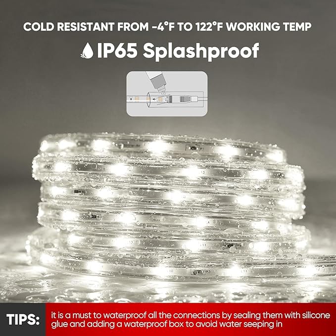 Shine Decor LED Strip Lights 108w Low Consumption, Cold Resistant IP65 Waterproof Outdoor Rope Light 120 VAC, Cuttable Connectable Indoor Lite Lighting Strip 147 FT ETL Listed 7x10mm 6000K Cool White
