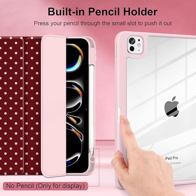 TWOLSKOO Case for iPad Pro 11-inch (M5 2025 / M4 2024), Clear Acrylic Back with TPU Bumper, Pencil Holder, Trifold Stand, Auto Sleep/Wake, Red Polka Dot