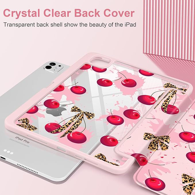 Case for iPad Pro 13 Inch (M5 2025 M4 2024) – [Built-in Pencil Holder], Shockproof & Stylish, Clear Hard Back + Soft TPU Edge, Magnetic Trifold Stand, Auto Wake/Sleep, Cherry & Leopard