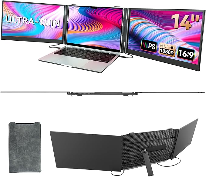 BOSII Laptop Screen Extender Monitor - 14 Inch Portable Triple Thin Monitors IPS FHD 1080P HDMI/USB-A/Type-C for 13"-17" Laptops Compatible with Windows Mac Travel Work