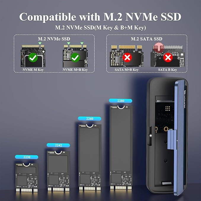 NVMe Enclosure, Tool-Free Installation, USB 3.2 Gen 2 (10 Gbps) to M.2 NVME M-Key/(B+M) Key SSD Adapter Support UASP and Trim, for SSDs 2230/2242 /2260/2280