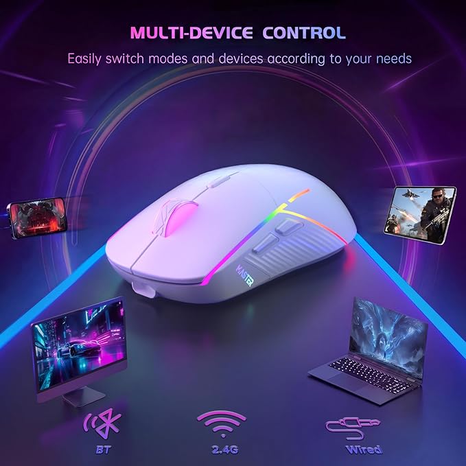 FFJ Wireless Gaming Mouse, 24000 DPI, Tri-Mode 2.4G/USB-C/Bluetooth 5.3 Gaming Mouse Wireless, RGB Programmable Mouse Gamer, 75Hrs Battery Life, Rechargeable Gaming Mice for PC, Mac, PS5, Xbox - White