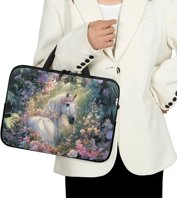13 Inch Horse Flowers Laptop Sleeves, Zippered Computer Bag Waterproof Tablet Carrying Cover, Laptop Organizer Tote Bag Portable Notebook Handbag, Back to School Supplies College