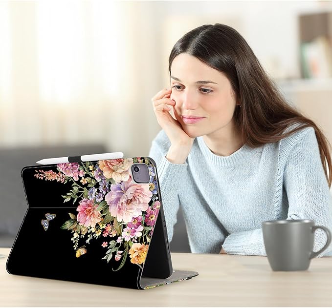 Vimorco for iPad Air 13 Inch Case M4/M3/M2 2026/2025/2024 Black Floral, for iPad Air 13 Case for Girls Women, Pencil Holder/Hand Strap/Pocket/Screen Protection Band, Flower Butterfly
