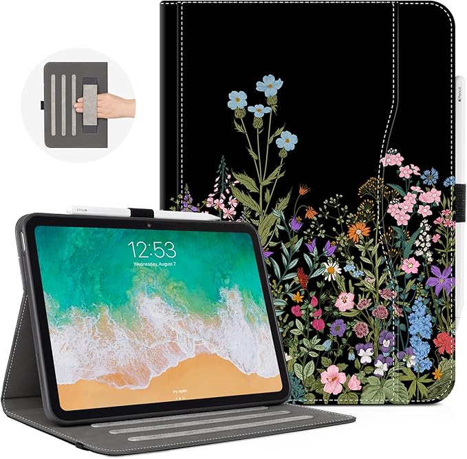for iPad (A16) 11Th/10Th Generation Case 2025/2022, for iPad Case 11Th/10Th Generation, 10Th/11Th Gen iPadCase Cover Pencil Holder/Hand Strap/Pocket/Adjustable Stand, Black Flower Floral