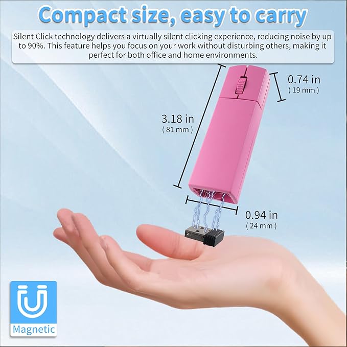 elec Space Wireless Mini Finger Mouse - Silent Dual-Mode Bluetooth & 2.4GHz, Ergonomic Portable PC Mouse with Case, Compatible with MacBook and Chromebook (Pink)