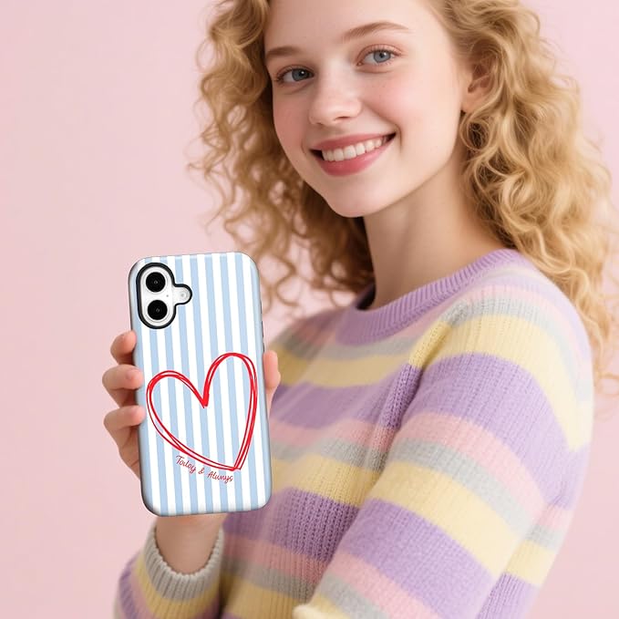 Magnetic for iPhone 16 Case Cute Blue Heart Stripes Phone Case, Love Shockproof Slim TPU and Hard PC Protective Phone Cover Compatible with MagSafe Designed for Women Girls
