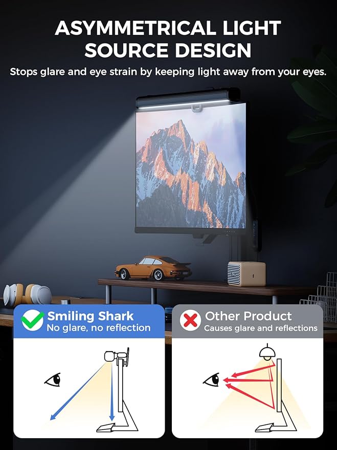 Smiling Shark Monitor Light, BY-03 Screen Light Bar No Glare Memory Mode Eye Caring 3 Color Temperature Dimmable 90°Rotatable USB Powered LED Monitor Lamp with Magnetic for Office Laptop