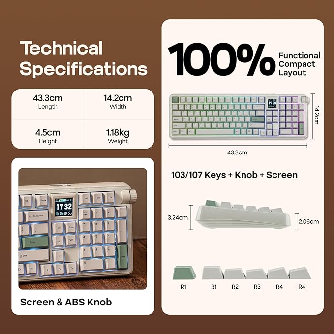 EPOMAKER RT100 PRO Wireless Gaming Keyboard with 1.54" Screen&Knob, RGB, 2.4Ghz/BT/USB-C, Hot Swap, 5000mAh, PBT Keycap, Custom Driver, Retro Mechanical Keyboard for Win/Mac (White, Creamy Jade)