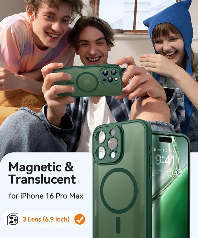 CANSHN Magnetic Compatible with iPhone 16 Pro Max Case, Upgraded [Full Camera Protection] [Compatible with Magsafe] [Translucent Matte] Shockproof Protective Phone Case Cover 6.9 Inch - Deep Green