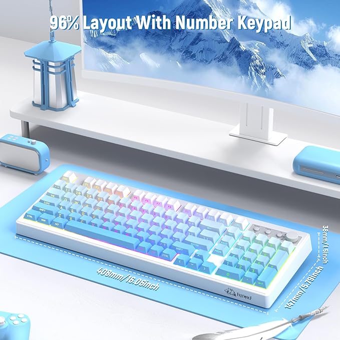 ZIYOU LANG K100 Wireless Gaming Keyboard,99 Keys Tri-Mode BT/2.4GHz/USB-C Creamy Color Keyboard with Number Pad RGB,Media Knob Custom Programmable Computer Keyboards for PC/Mac/Xbox (Blue)