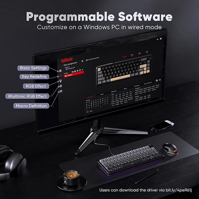 RedThunder K65 Wireless Mechanical Gaming Keyboard, Trip-Modes Connection, Gasket Custom Hot-Swap Keyboard, RGB Backlit, Pre-lubed Linear Switches, Side Engraved PBT Keycaps, Gradient Gray