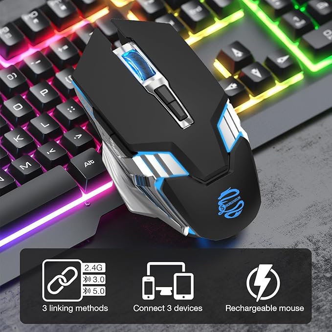 Bluetooth Gaming Mouse, RGB Rechargeable USB Wireless Mouse, Quiet Click, LED Backlit, Ergonomic, with Side Button, 6 Button, DPI Adjustable, Computer Mice for Laptop PC MacBook Chromebook - Black