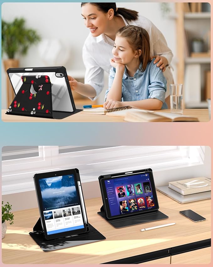 Uppuppy for iPad A16 Case for iPad 10th Generation Case 10.9 inch - 360 Degree Rotating Stand Folio Smart Cover with Pencil Holder for Women Girls, Cherry Bow Flowers for Apple 10th 2022/11th 2025