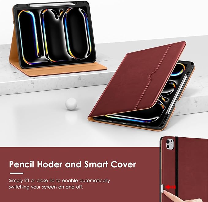 VIKESI Case for iPad Pro 13-inch M5 or M4 Released in 2025 or 2024, Leather Stand Cover with Apple Pencil Holder, Auto Wake/Sleep, Multiple Viewing Angles, Built in Hand Strap & Pocket,Burgundy Red