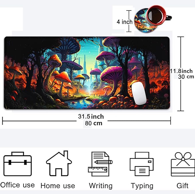 Large Mouse Pad, 31.5 x 11.8in Extended Gaming Mouse Pad with Stitched Edges, XXL Mousepad Protector Non Slip Rubber Base for Office & Home Writing Mat, Colorful Mushroom Forest Pattern Black Desk Mat