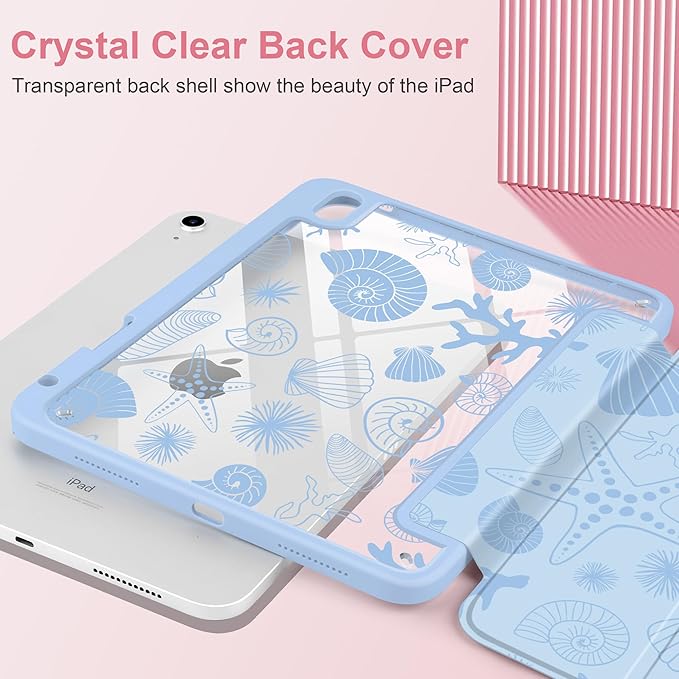 Case for iPad Air 11 inch M4 2026 M3 2025 M2 2024 Release with Pencil Holder Clear Back Shell Blue Lightweight Shockproof TPU Edge Trifold Stand Auto Wake Sleep Cute Cover, Starfish and Shells