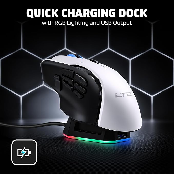 LTC MKM071 Wireless MMO Gaming Mouse with RGB Charging Dock, Tri-Mode (2.4G/Bluetooth/Wired), 12000 DPI PAW3311 Sensor, 11 Programmable Buttons, 7 Side Buttons, 1000Hz Polling Rate, Ergonomic