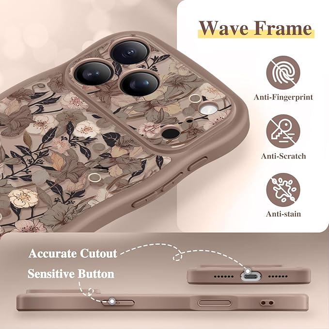 GVIEWIN for iPhone 17 Pro Max Case Compatible with MagSafe [Curly Wave Edge][Full Camera Protection] Floral Translucent Shockproof Magnetic Women Phone Case for 17 Pro Max, Apricot Blossom/Brown