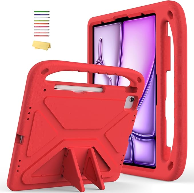 Kids Case for Apple iPad Air 13 inch Tablet M4/M3/M2 (2026/2025/2024) with Pencil Holder, Anti-Slip Handle Slim Lightweight Stand Shockproof Soft EVA Protective Silicone Bumper Cover, Red