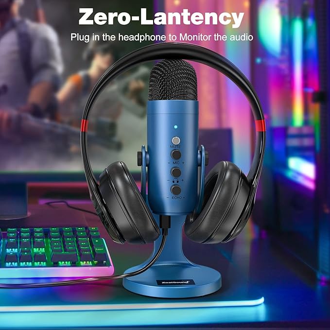 ZealSound Podcast Microphone for PC, Noise Cancellation USB Mic with Gain, Volume Adjustment & Mute Button, Monitoring & Echo, for YouTube, TikTok, Podcasting, Streaming, iPhone, iPad, Android(Blue)