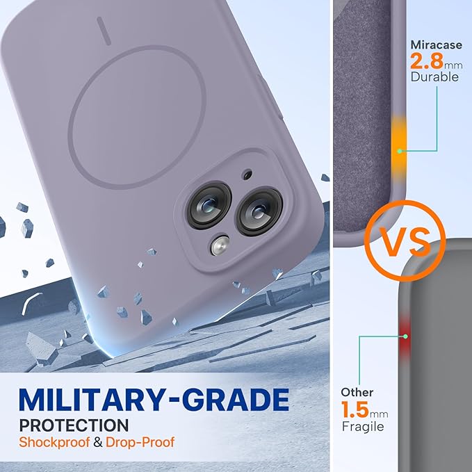 Miracase Magnetic for iPhone 15 Case, [Soft Anti-Scratch Microfiber Lining], Compatible with MagSafe, Liquid Silicone Case Shockproof Drop Protection Phone Case for 15,Lavender Gray