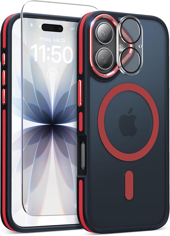 DOMAVER Magnetic 3 in 1 for iPhone 16 Case, [Omni-Directional Protection] with 1x Screen Protector + 1x Camera Cover, [Seamless Work with Magsafe] Protective Silm Case for iPhone 16 Red