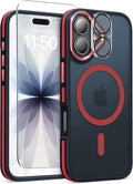DOMAVER Magnetic 3 in 1 for iPhone 16 Case, [Omni-Directional Protection] with 1x Screen Protector + 1x Camera Cover, [Seamless Work with Magsafe] Protective Silm Case for iPhone 16 Red