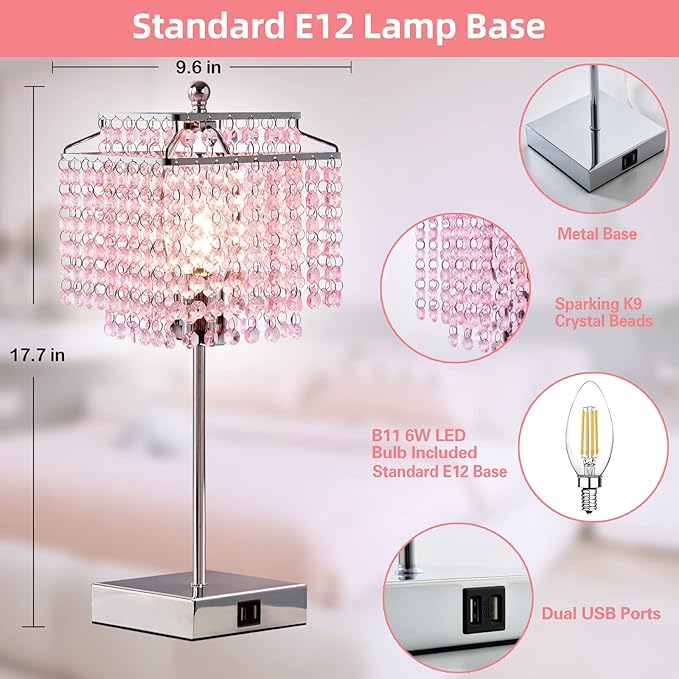 Luvkczc Set of 2 Bedside Pink Crystal Table Lamp, Touch Control Crystal Lamp, Dimmable Lamp for Bedroom, Girl Living Room, 6W B11 Bulb Included