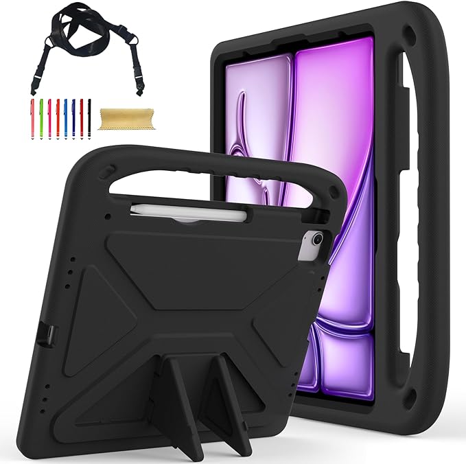 for iPad Air 11" M4 M3 M2 2026 2025 2024 Case for Kids, iPad Pro 11 Inch M5 M4 Case 2025 2024, Soft EVA Handle with Shoulder Strap Stand Cute Kids Friendly Bumper Cover, Black
