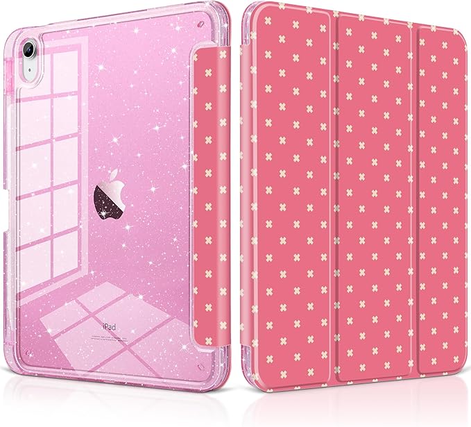 DONGKE for iPad Pro 11 inch Case – Fits M5 2025 / M4 2024, Shockproof Sparkling Glitter Acrylic Back, Pencil Holder, Trifold Stand, Auto Sleep/Wake & Touch ID Support - Dark Pink Cross Dot