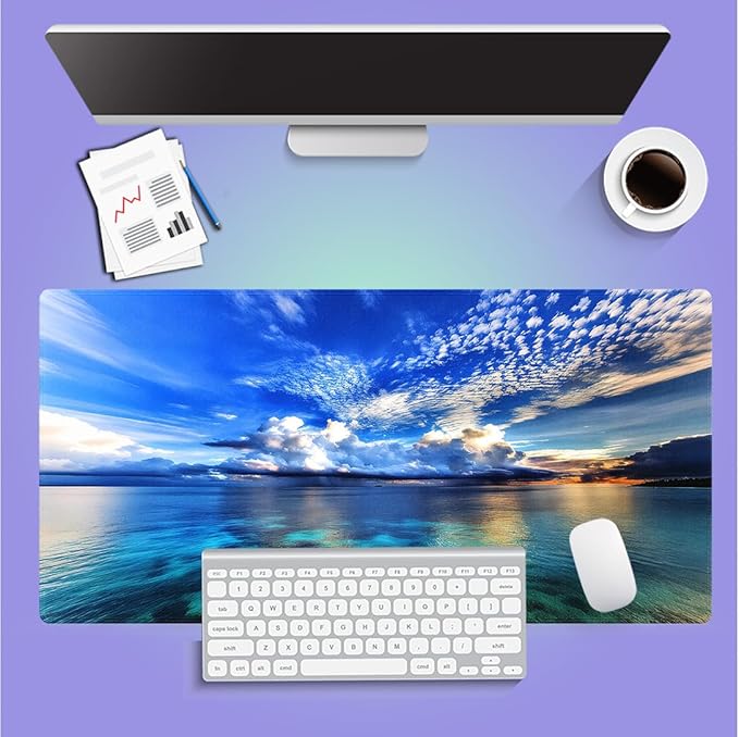 Large Gaming Mouse Pad (31.5" x 15.8")- Maldives Islands Paradise Majestic Tranquil Ocean Scene Mirrored Waters Overcast Clouds, Extra XXL Office Decor, Premium Stitched Anti-Slip Desk Mat