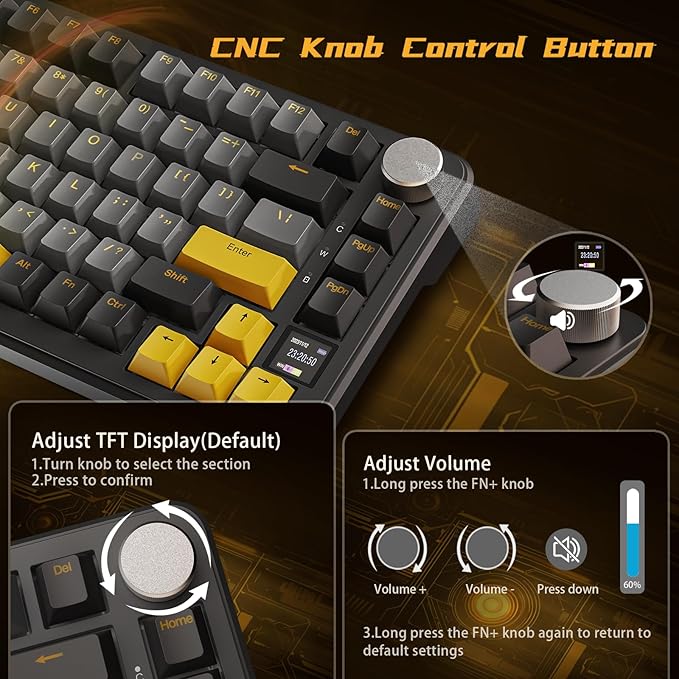 ATTACK SHARK X85 Pro Wireless Gaming Keyboard,Hot Swappable,Tri-Mode(BT 5.1/2.4Ghz/Type-C),Gasket, TFT Display & Knob,75% Layout,PBT Keycaps,QMK Custom for PC/MAC-Black/Linear Blueberry Switch