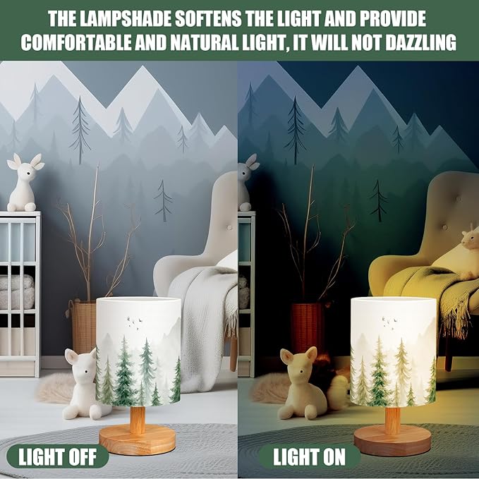VIHOSE Pine Tree Bedside Table Lamp Forest Table Lamp Vintage Nightstand with Linen Fabric Shade Solid Wood Base Decoration for Kids Living Room Bedroom Desk Dorm
