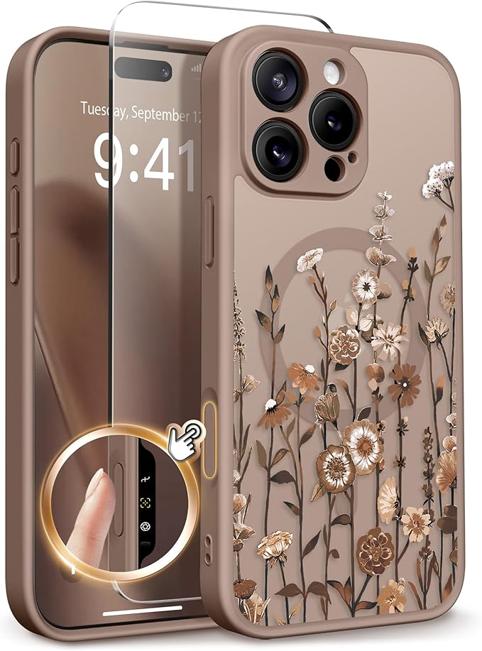 GVIEWIN for iPhone 16 Pro Case Compatible with MagSafe, [Military Grade Protection] [Screen Protector] Full Camera Protection Floral Translucent Women Magnetic Phone Case, Floratopia/Brown