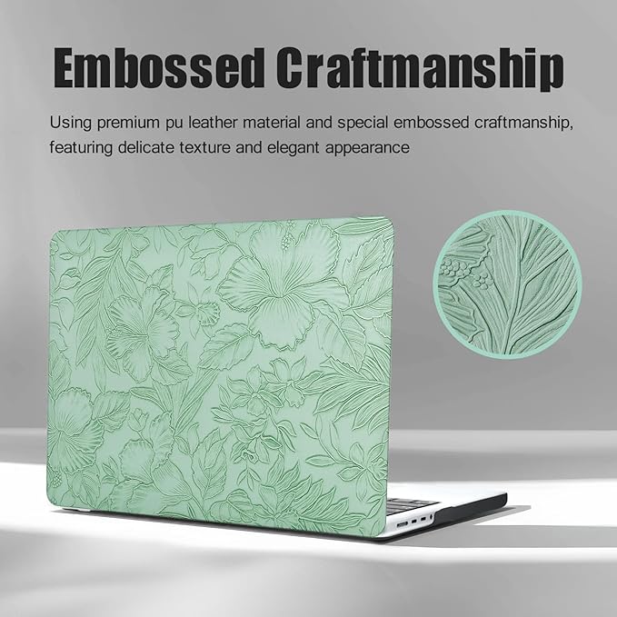 DTangLsm for MacBook Pro 13 inch Case M2 2026-2016 M1 A2338 A2251 A2289 A2159 A1989 A1708 A1706, Elegant Retro Leather Hard Cover for MacBook Pro 13in 2019 Case + Keyboard Cover, Green Embossed Floral
