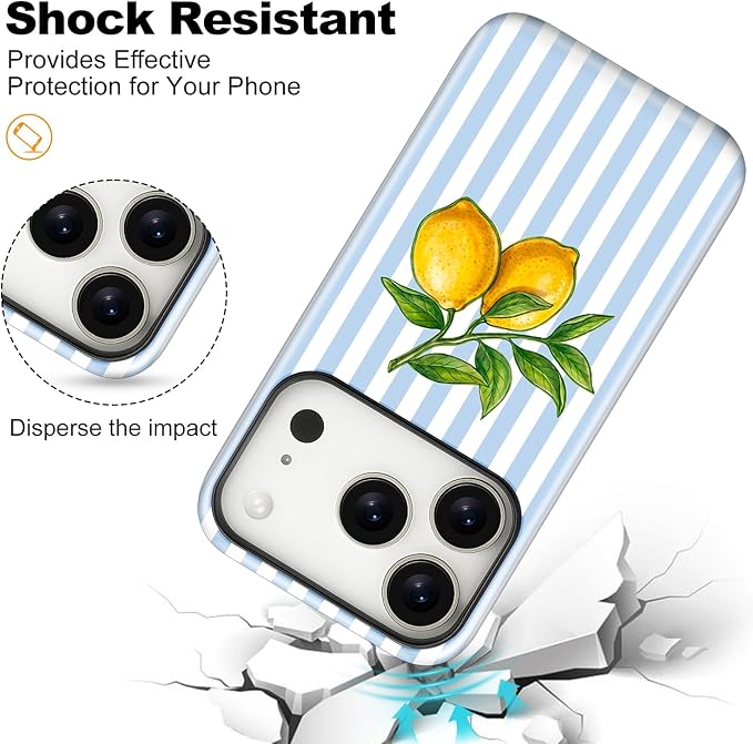 Magnetic for iPhone 17 Pro Max Case Cute Lemon Stripes Phone Case, Shockproof Slim TPU and Hard PC Protective Phone Cover Compatible with MagSafe Designed for Women Girls, Blue