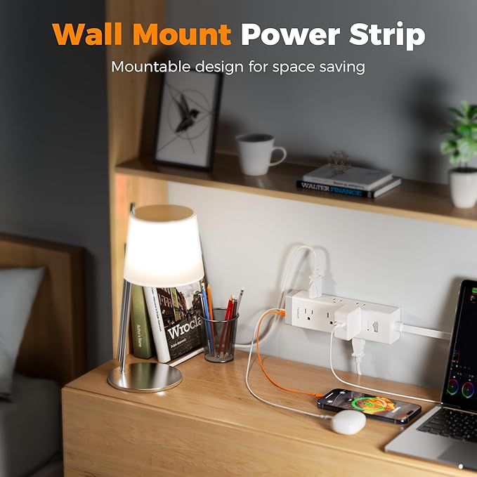 TESSAN Surge Protector Power Strip PD 20W, Ultra Thin Flat Plug 6 FT Extension Cord, 9 Outlets 4 USB(2 USB C), 1050J Protection Multiple Outlets Charging Station for Home, Office, College Dorm Room